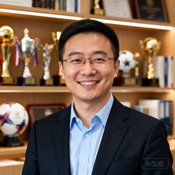 球吧网创始人张磊的正面半身照，他穿着深色西装搭配浅蓝衬衫，面带微笑，背景是办公室书架上排列着体育奖杯和赛事纪念品
