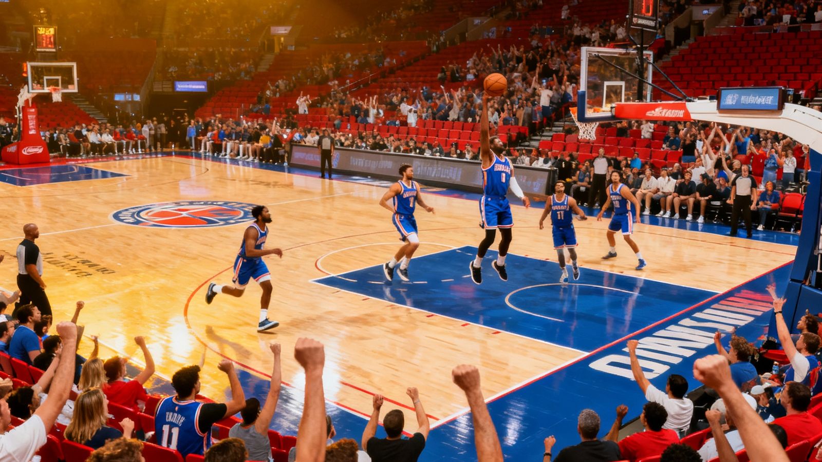 NBA常规赛直播画面，篮球场上球员正在快攻上篮，场馆灯光璀璨，观众热情欢呼